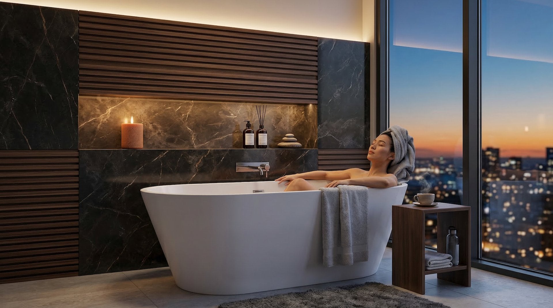 Woman relaxing in freestanding bathtub in modern Singapore home
