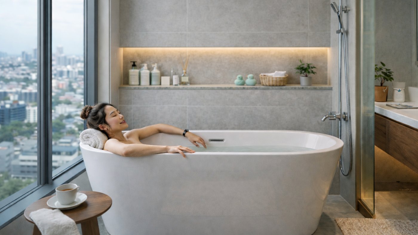 Woman relaxing in bathtub with city skyline view at sunset