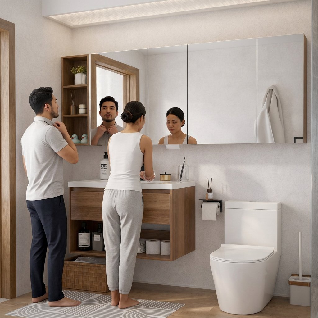 Couple getting ready together at HERA vanity with mirror cabinet