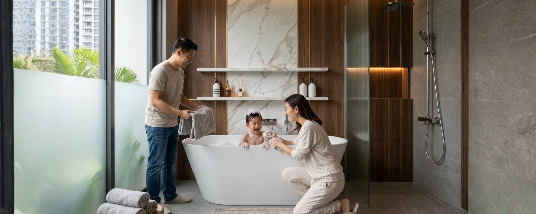 Young family bathing child in HERA bathtub in Singapore condo