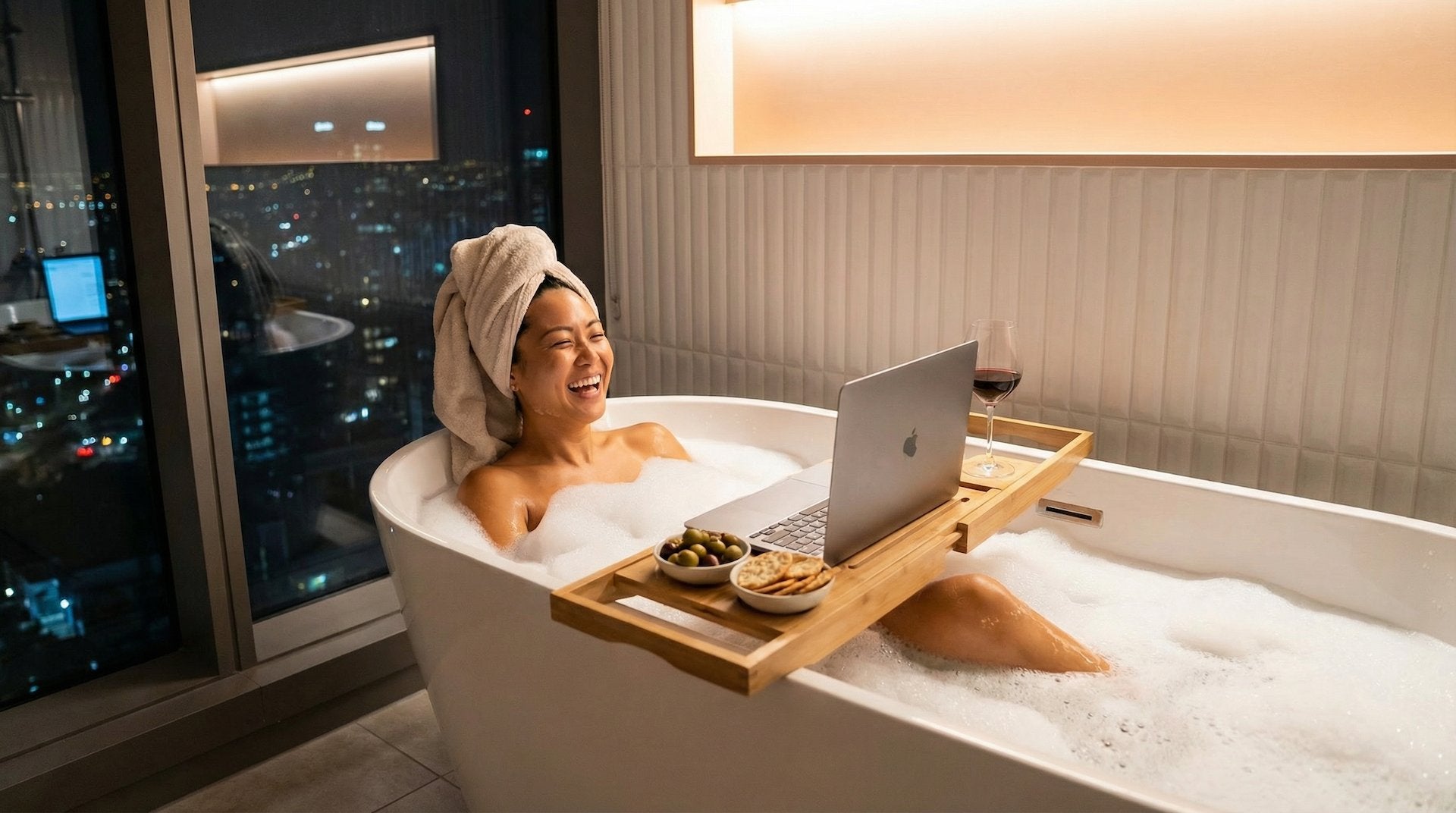Woman enjoying bubble bath with laptop wine and snacks at night