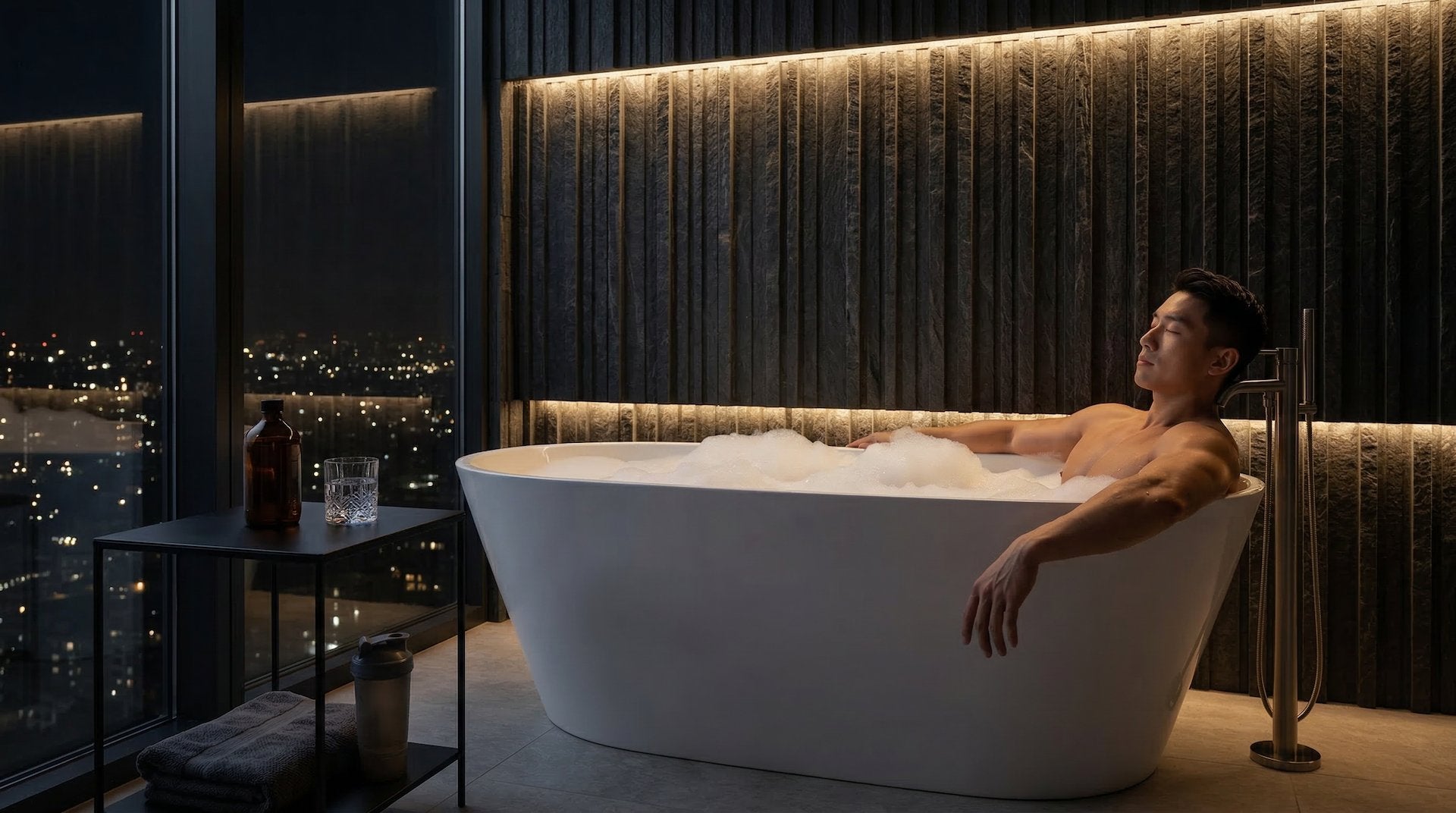 Man relaxing in HERA freestanding bathtub at night