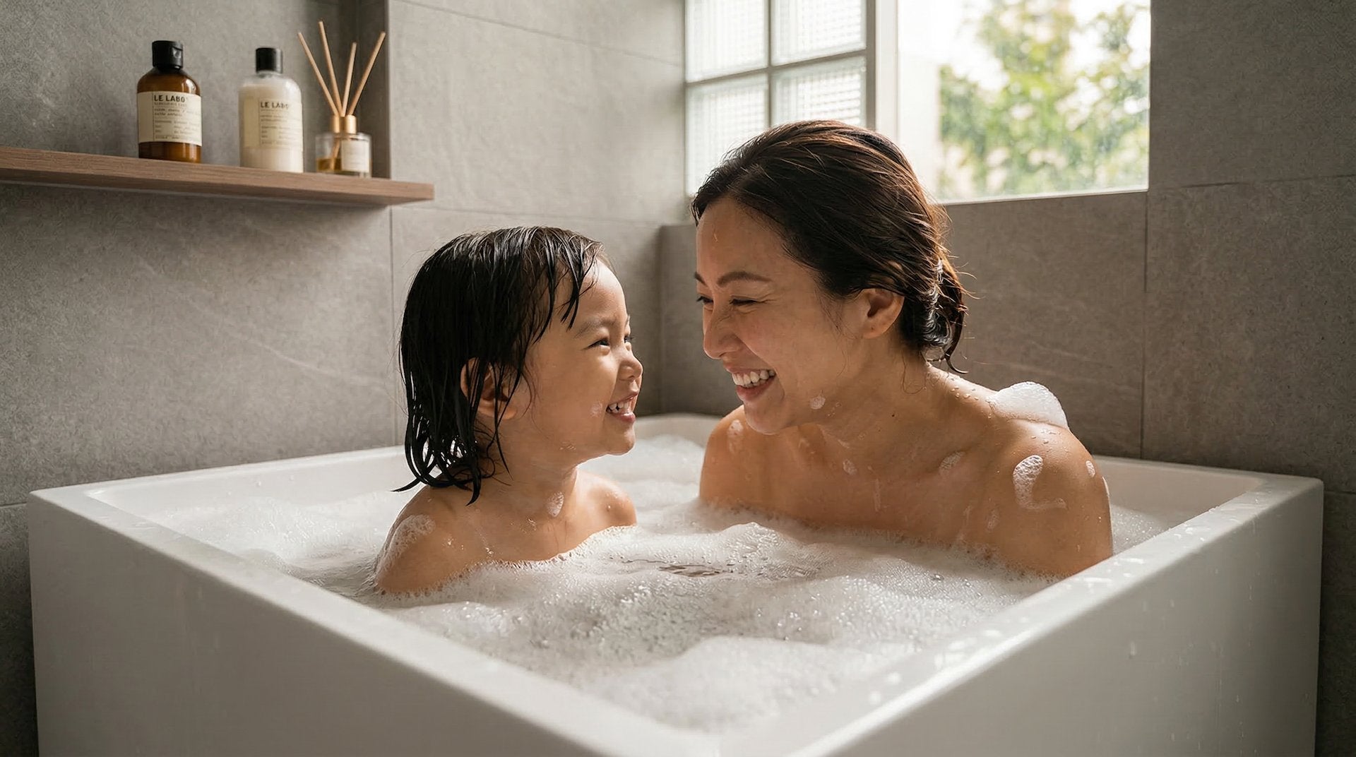 Mother and child laughing together in HERA bathtub