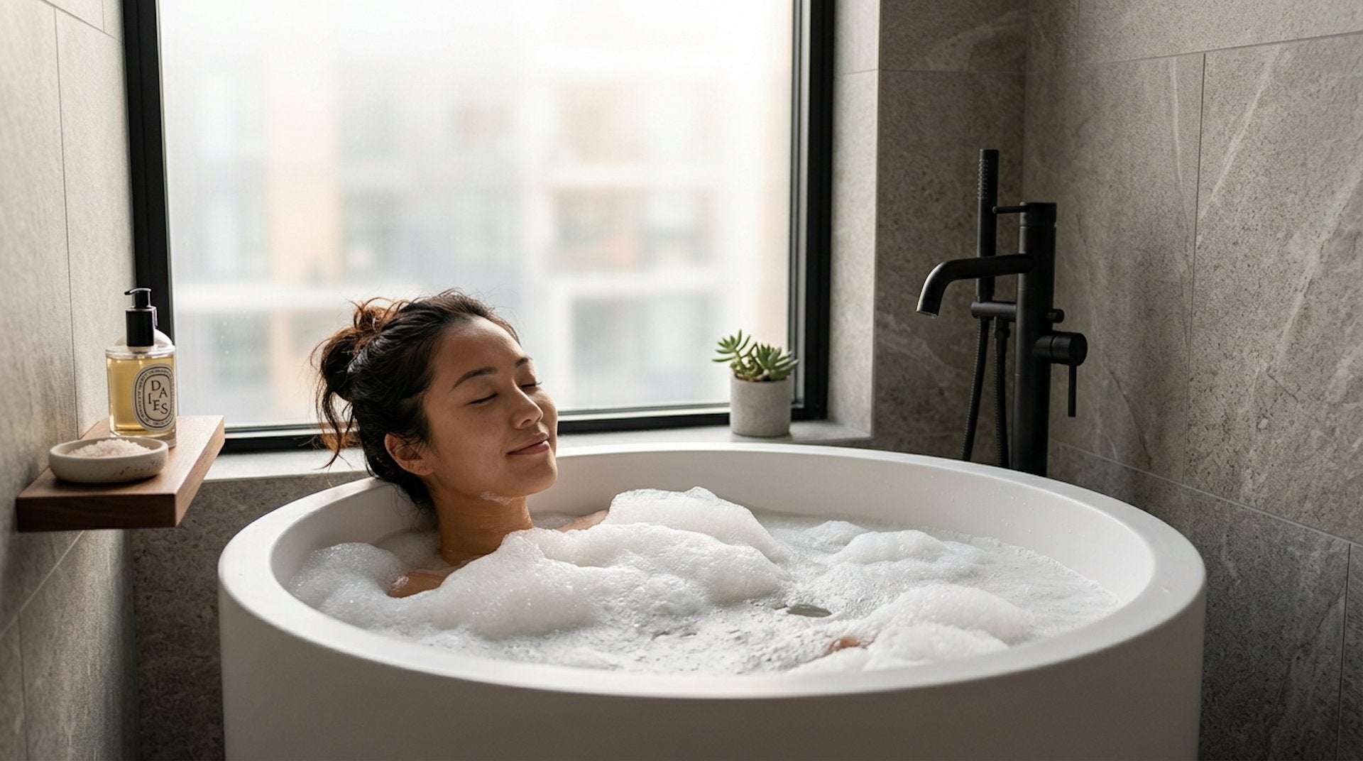 Woman relaxing in HERA round freestanding bathtub