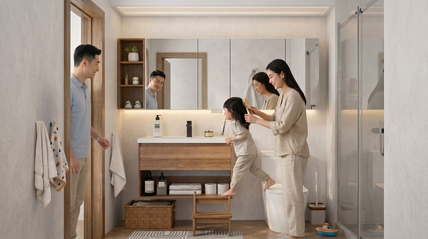 Family getting ready at HERA vanity cabinet in Singapore bathroom