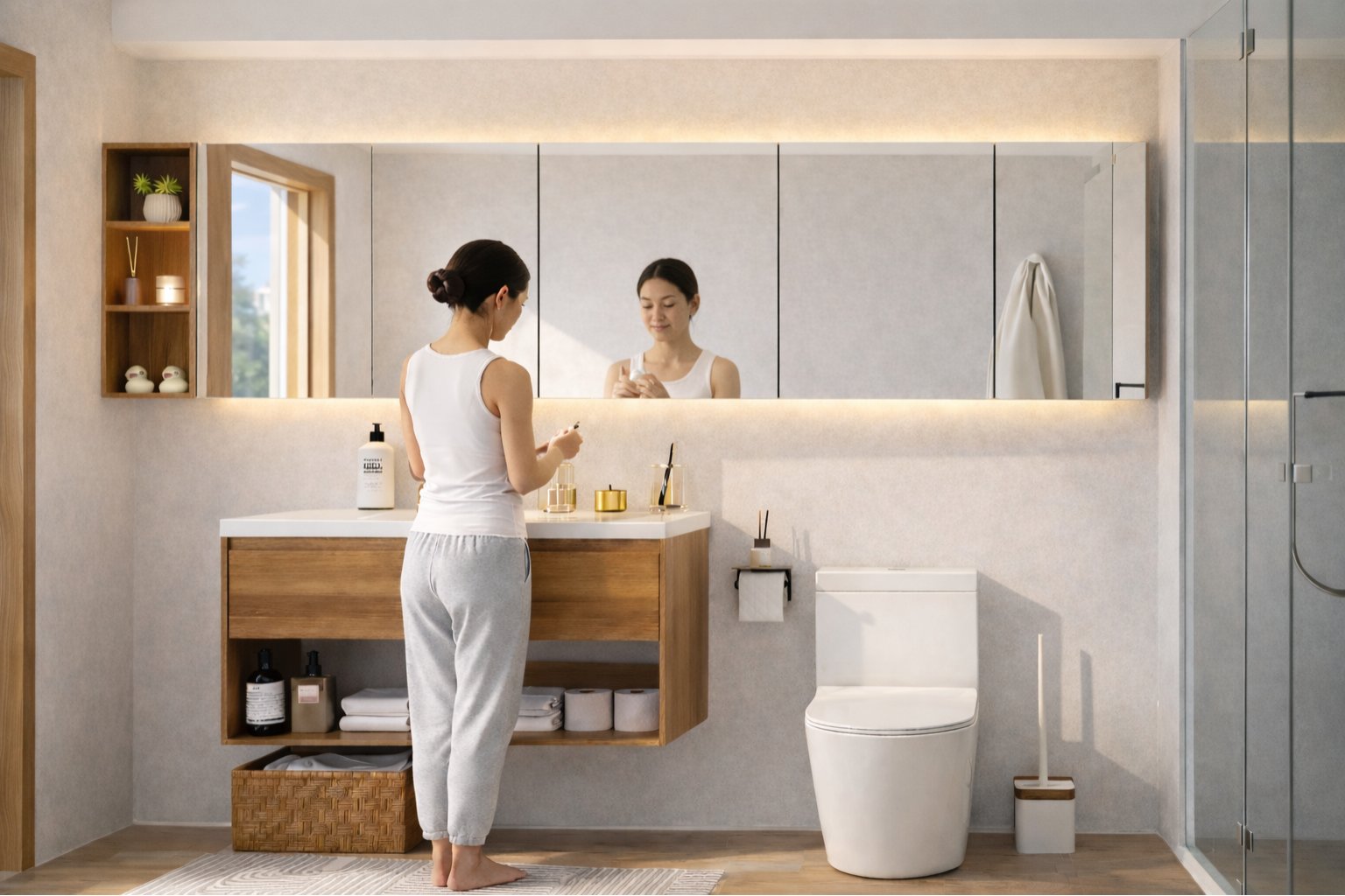 Woman at HERA vanity cabinet starting morning routine