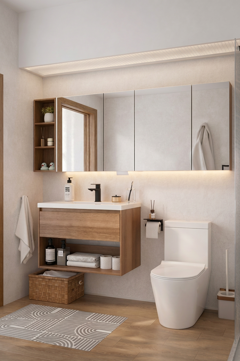 HERA walnut vanity cabinet with mirror cabinet in modern Singapore bathroom